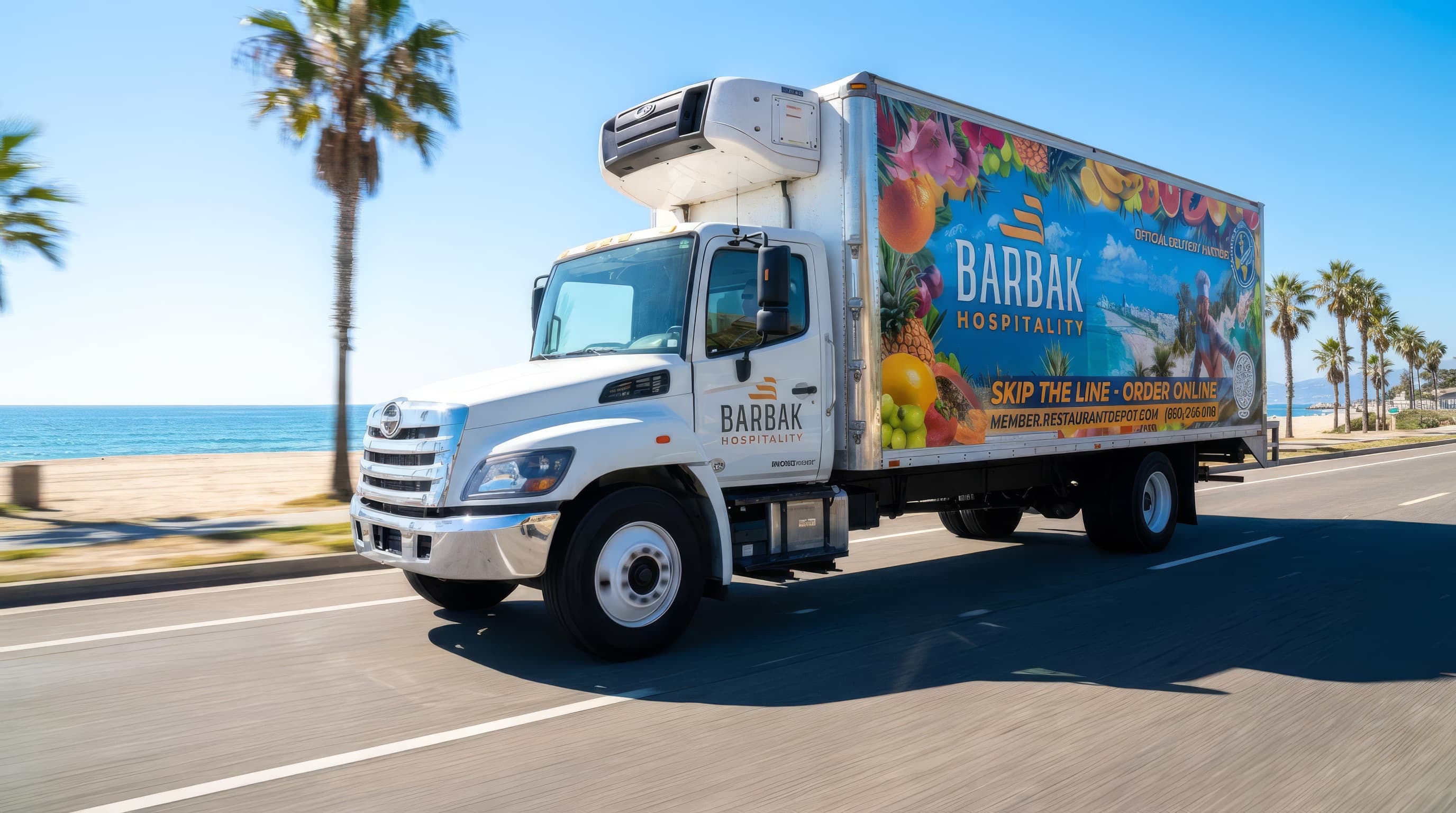 BarBak Hospitality refrigerated delivery truck on a palm-lined South Florida road