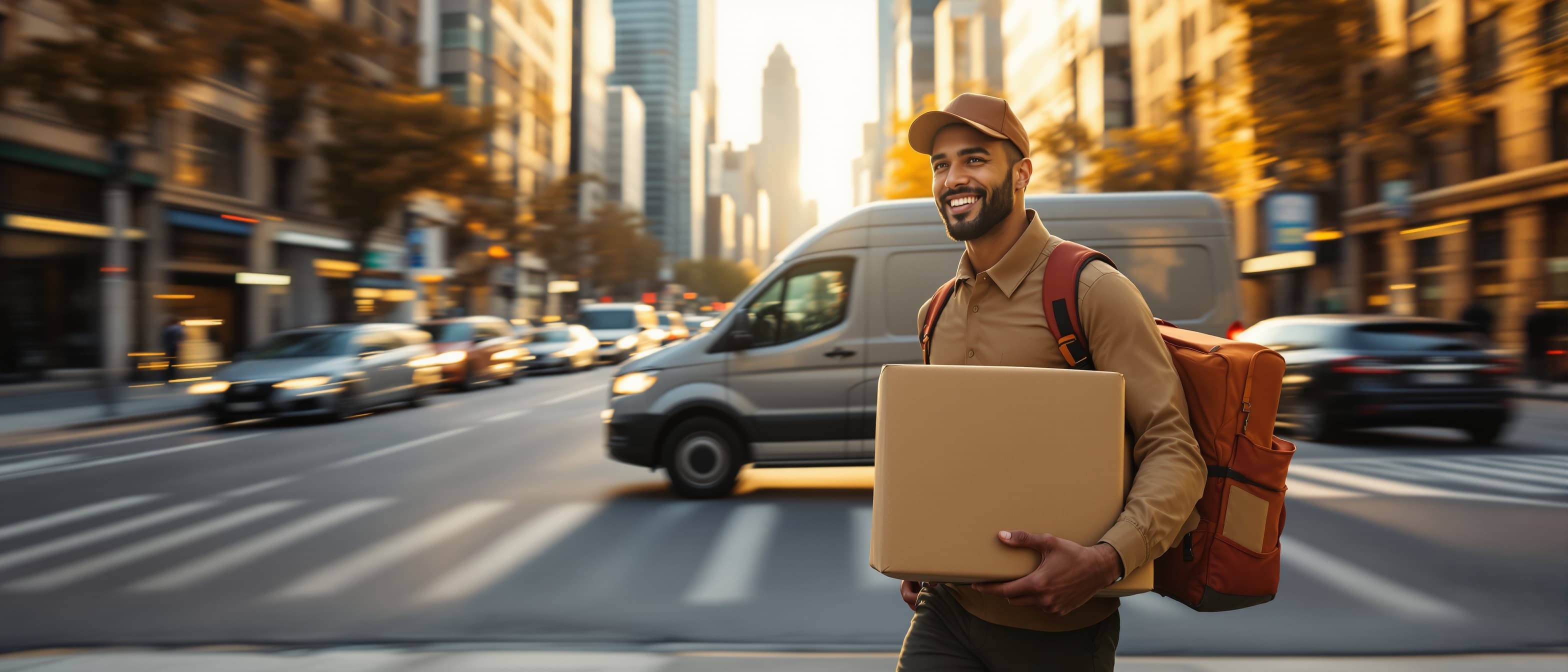Courier carrying a package across a busy city street beside a delivery van