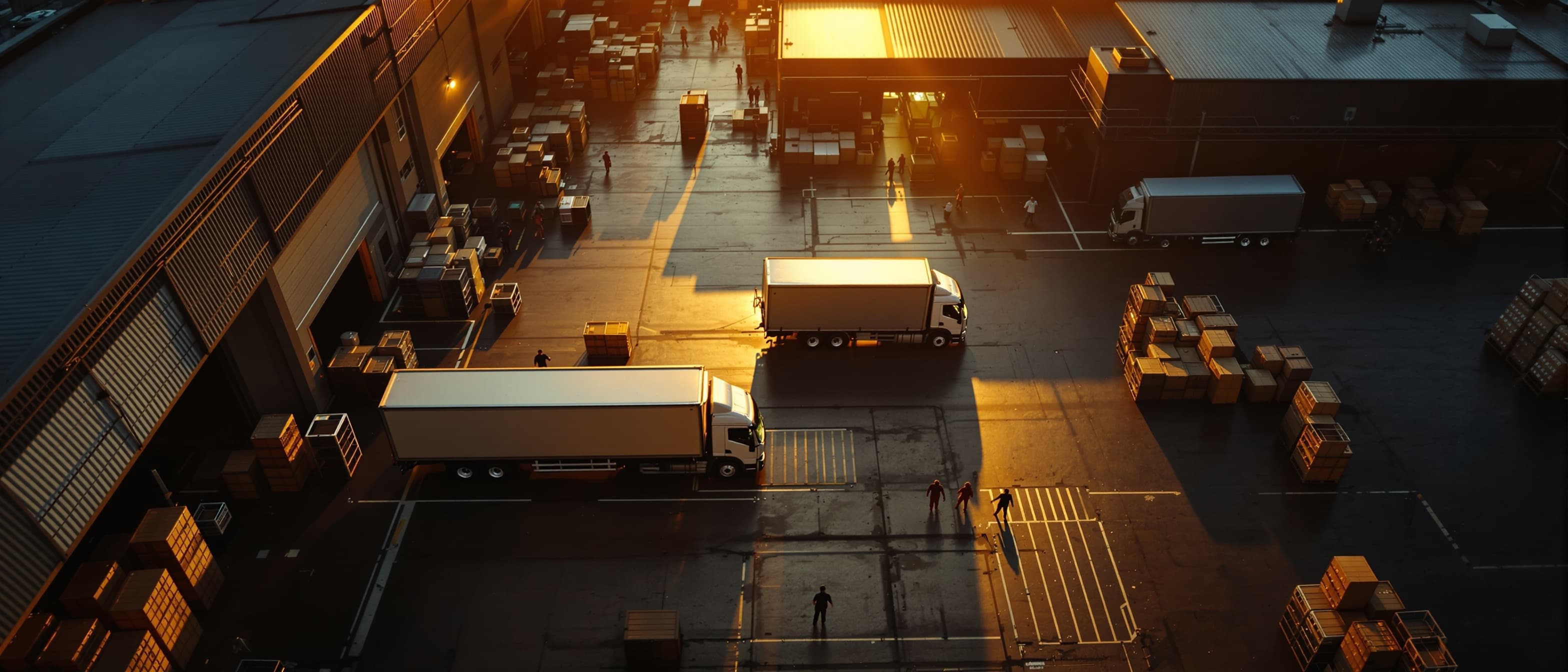 Delivery trucks lined up at a warehouse loading dock at golden hour